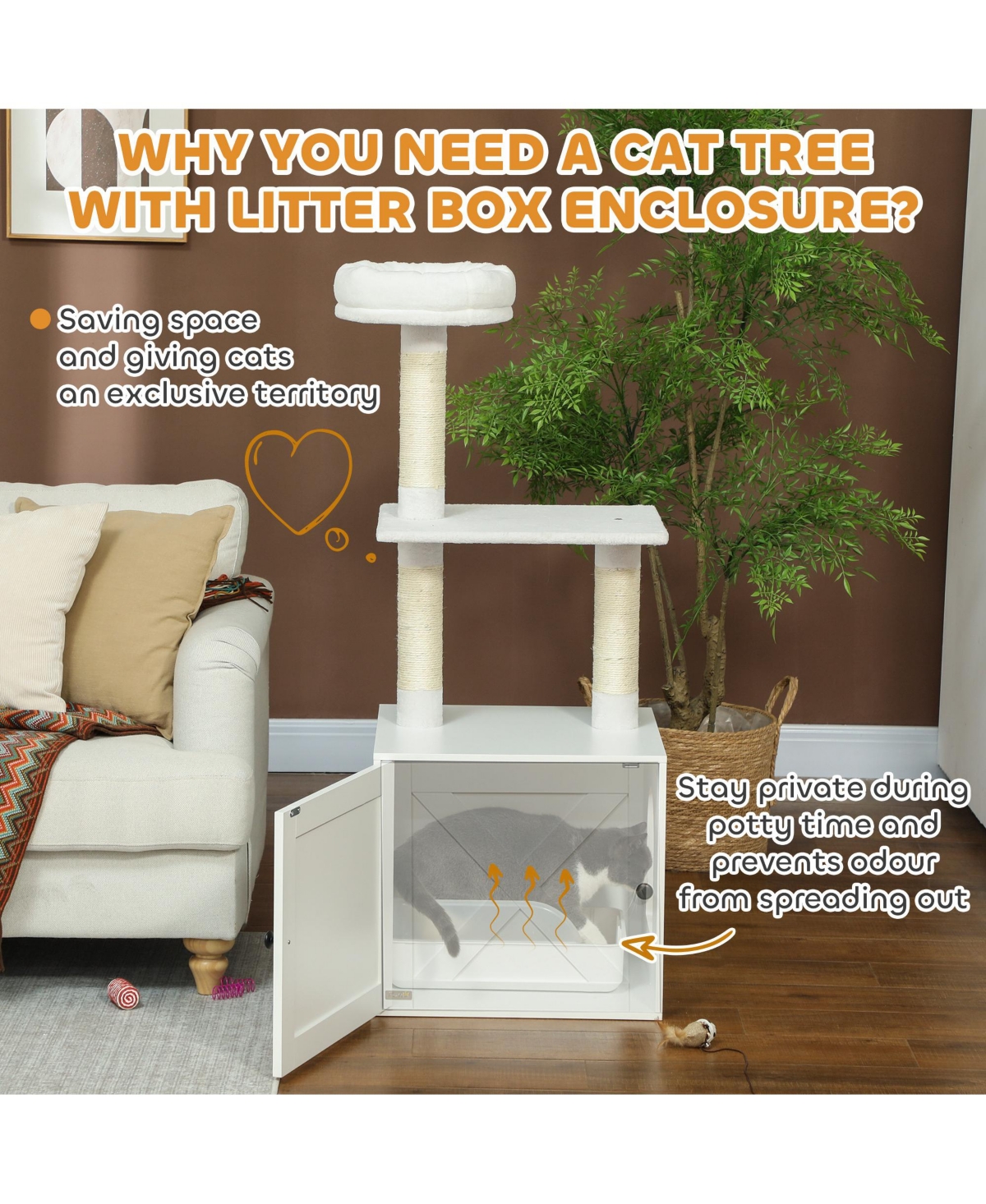PawHut Cat Tree with Litter Box Enclosure, 2-in-1 Cat Tower for Indoor Cats