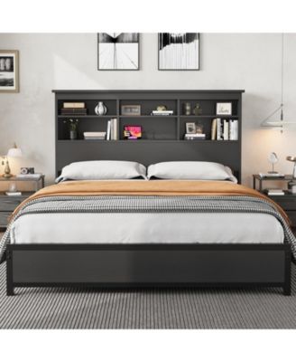 Bed Frame with Bookcase Headboard, 2-Tier Storage Platform Bed with Charging Station, No Box Spring Needed, Easy Assembly