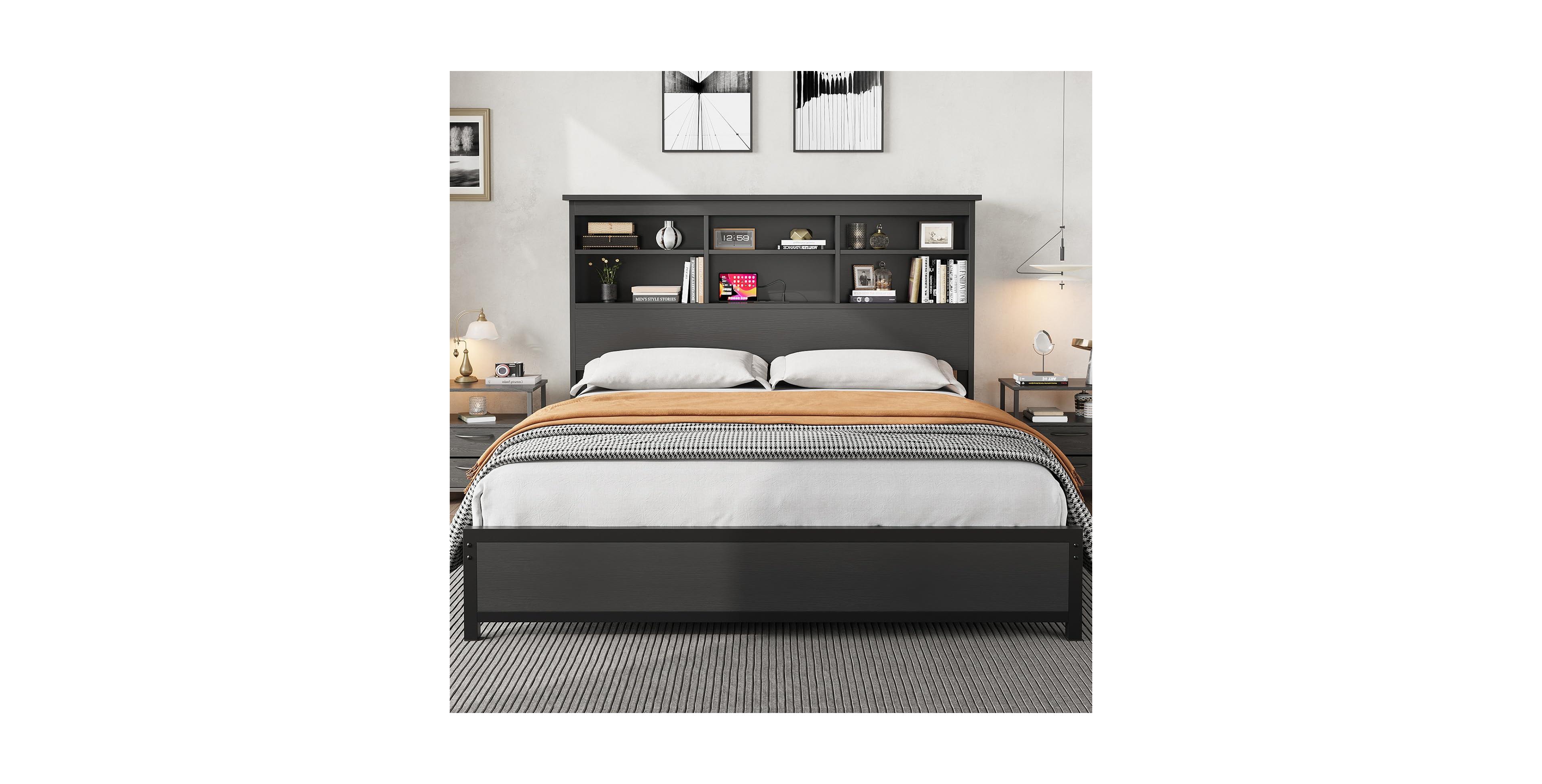 homfan Bed Frame with Bookcase Headboard, 2-Tier Storage Platform Bed with Charging Station, No Box Spring Needed