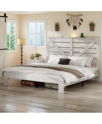 King Size Wood Platform Bed Frame with Metal Frame, Industrial Style, Heavy Duty Steel Slats, No Box Spring Needed