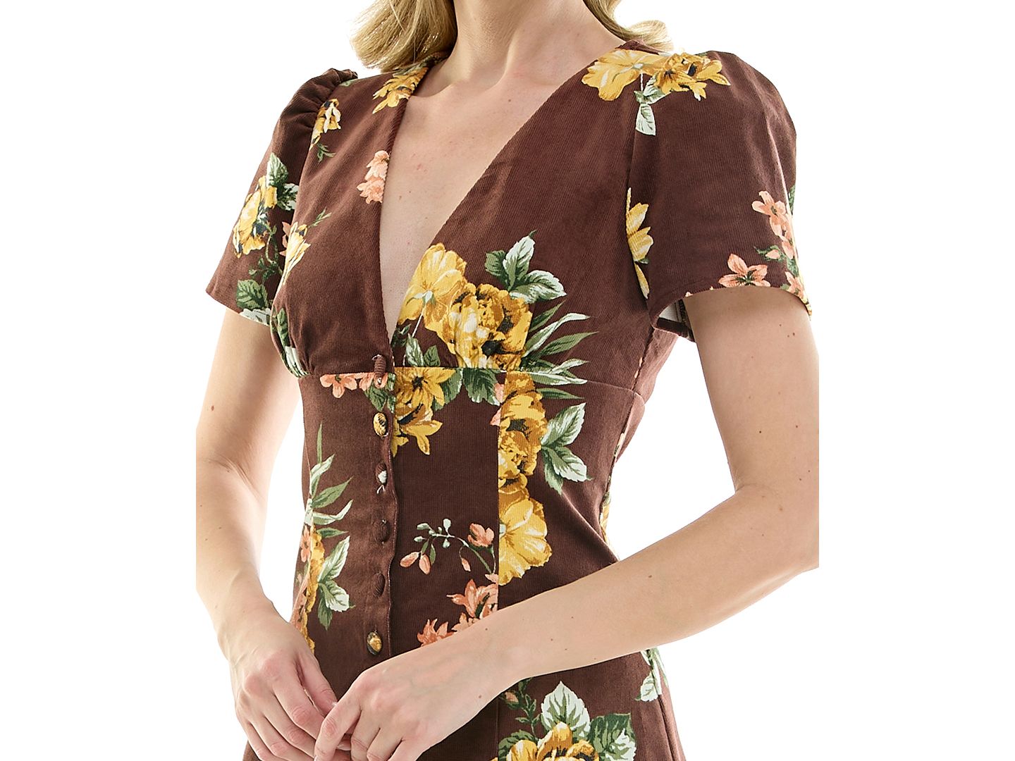 Женское платье RARE Juniors' Floral V-Neck Lace-Back Corduroy Mini, цвет: Коричневый — фото 3
