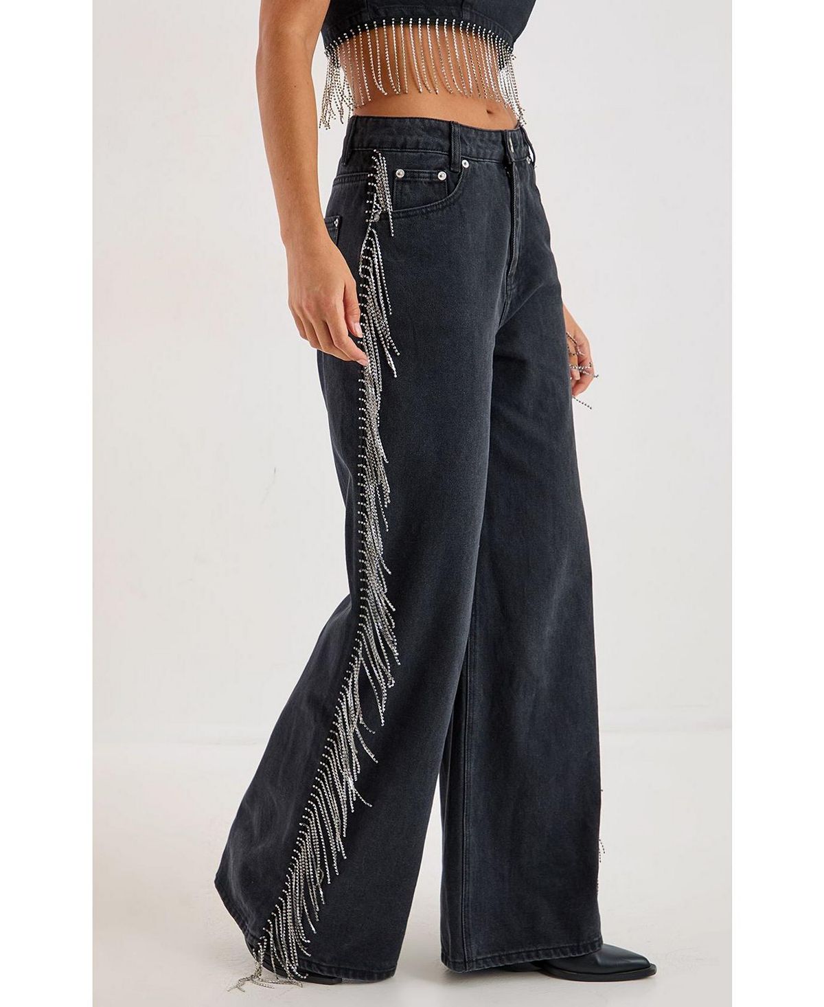 Nasty Gal Women's Denim Diamonte Tassel Straight Leg Jeans view 5 — MAYCSS fashion products