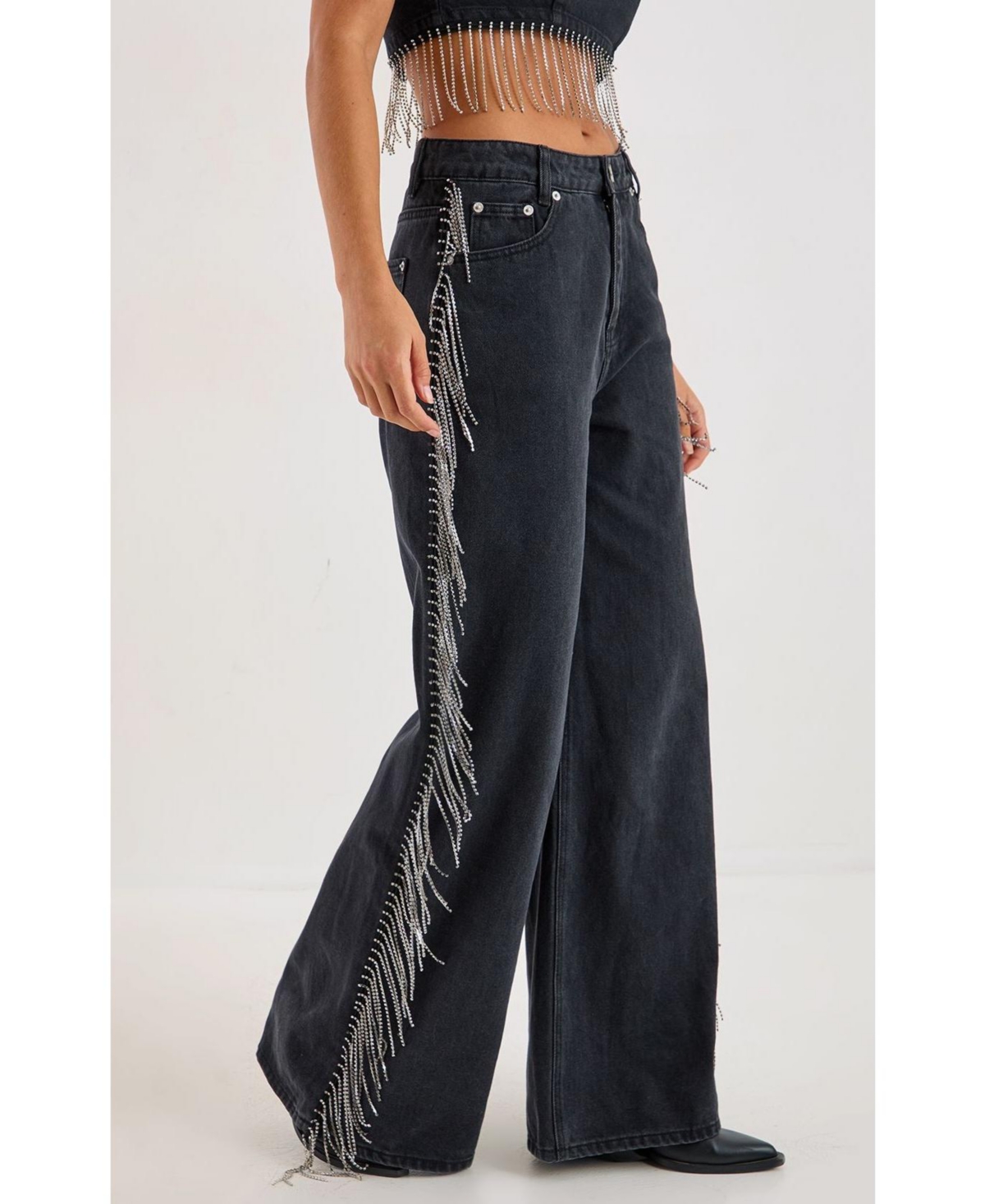 Nasty Gal Women's Denim Diamonte Tassel Straight Leg Jeans