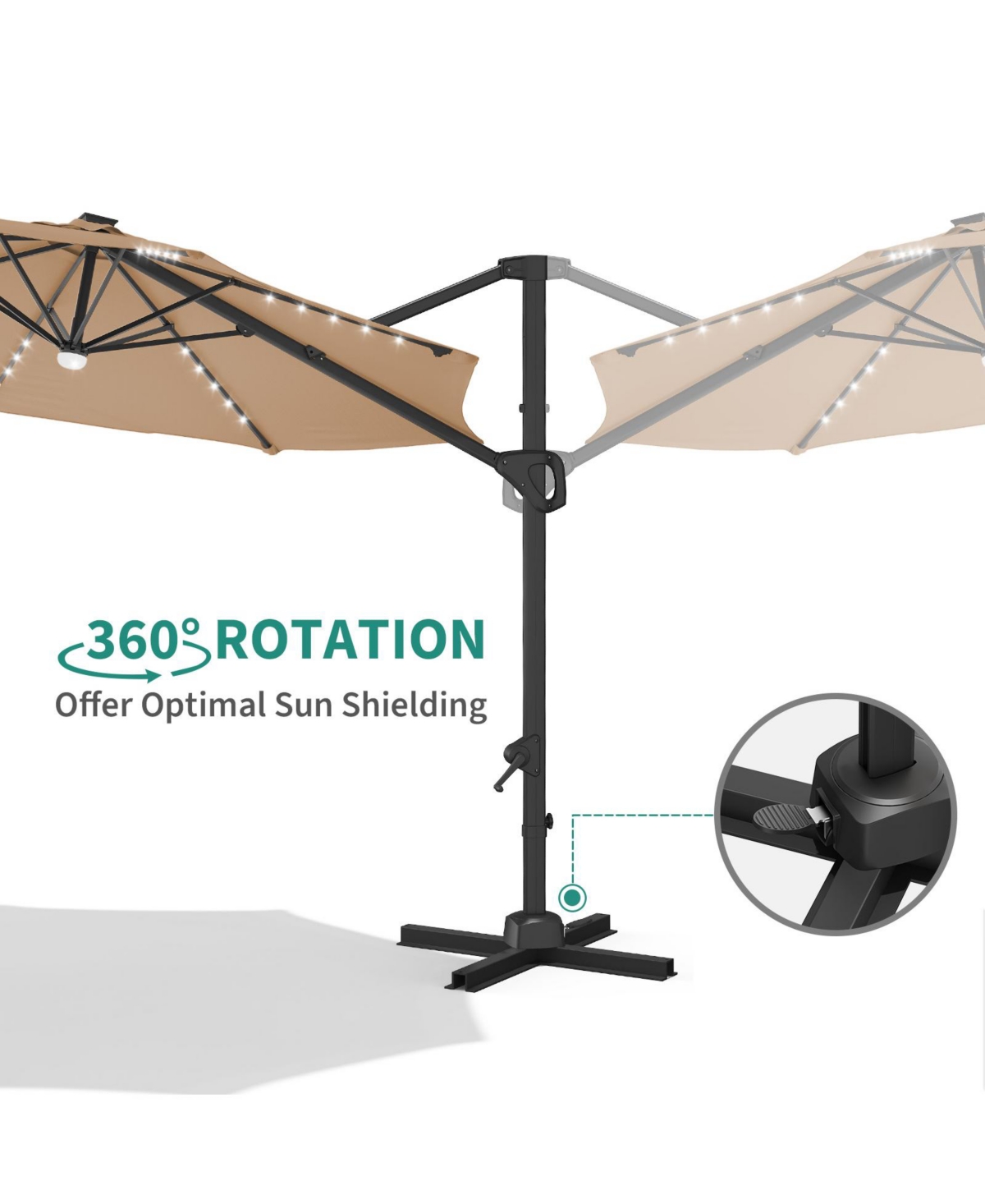 homfan 10Feet Solar Led Cantilever Patio Umbrella, 360degree(s) Rotation, Adjustable Tilt, Cross Base and Uv Fabric, for Patio, Pool And Garden