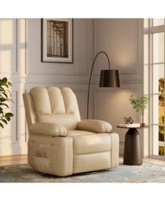 PU Leather Swivel Rocker Electric Recliner, Oversized Single Sofa with Massage and Heat, USB Ports, Cup Holders and Side Pocket for Bedroom