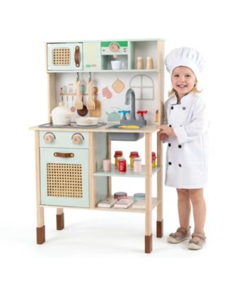 Kids Play Kitchen Wooden Pretend Kitchen Playset with Rattan Doors Wood Legs