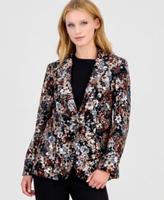 Women's Floral Sequin One-Button Blazer