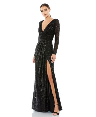 Women's Floor-Length Sequin Gown Featuring Long Sleeves and Sheer Accents