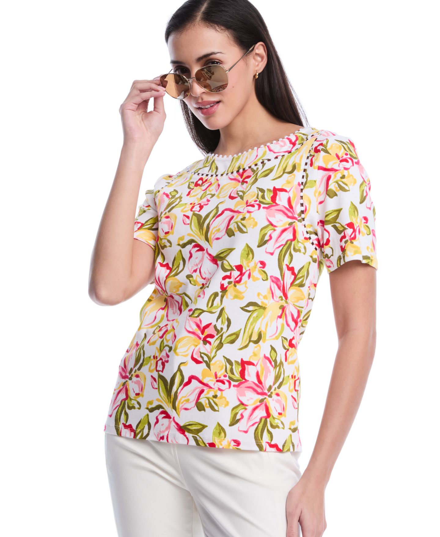 Женский топ Rafaella Petite Petal Print Short-Sleeve, цвет: Белый — фото 3