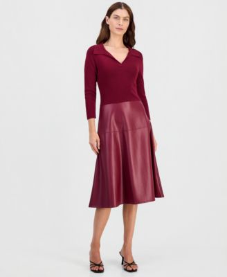 Women's Faux-Leather-Skirt Split-Collar 3/4-Sleeve Dress