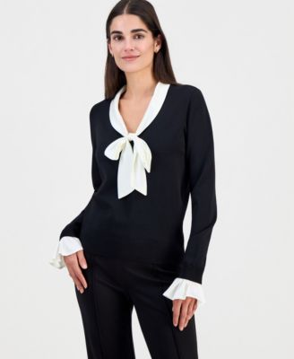 Women's Scarf-Neck Contrast-Trim Sweater