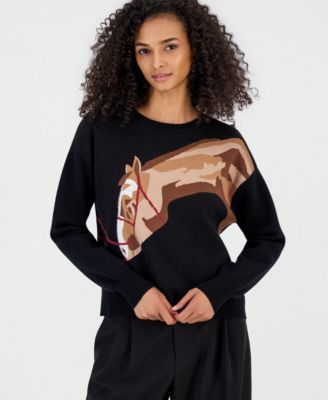 Women's Intarsia-Knit Horse Graphic Long-Sleeve Sweater