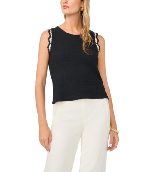 Женский топ Vince Camuto Crewneck Scallop Trim, цвет: Насыщенный чёрный