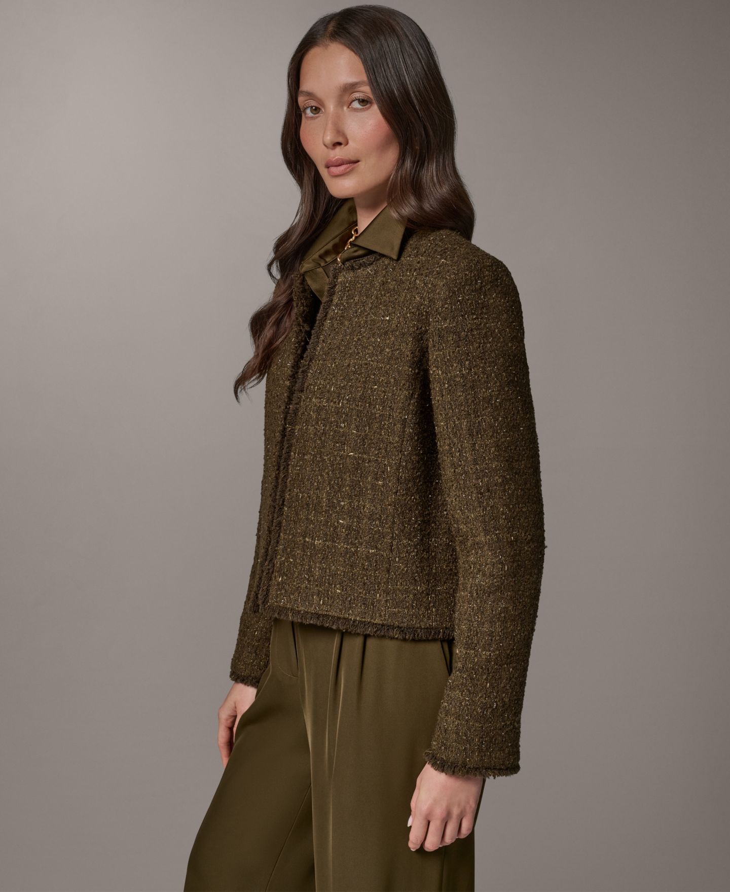 Женская куртка Donna Karan New York Petite Open-Front Fring, цвет: Оливковый / Золотой — фото 3