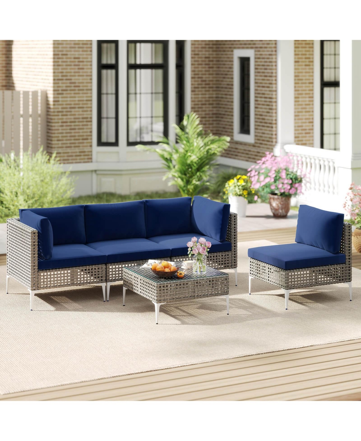 Costway 5 Piece Outdoor Furniture Set with Seat and Back Cushions Tempered Glass Coffee Table