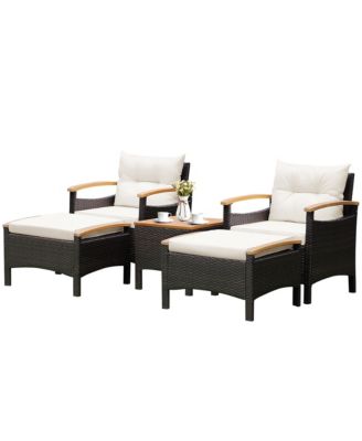 5Pieces  Patio Rattan Furniture Set Sofa Ottoman Cushioned Table Wood Top