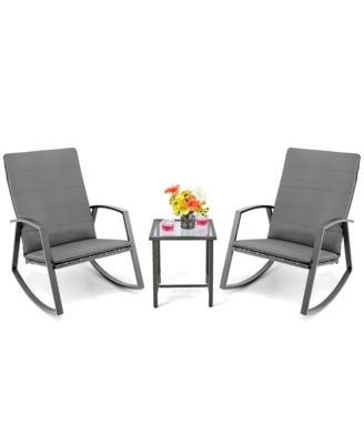 3 Piece Patio Rattan Rocking Chair Table Furniture Set Yard Cushion