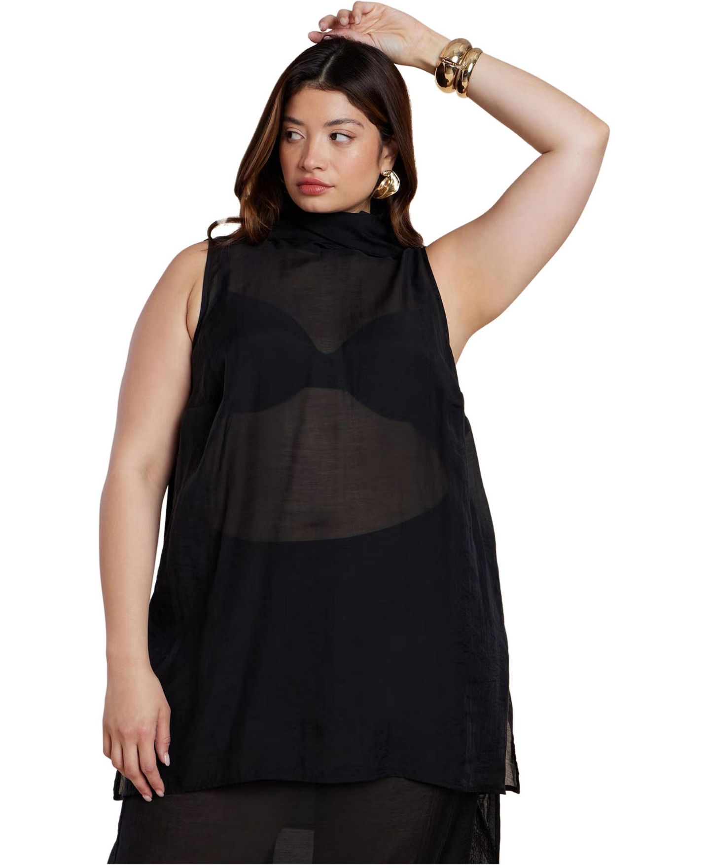 Женский топ ELOQUII Sheer Neck Tunic Top, цвет: Чёрный оникс — фото 1