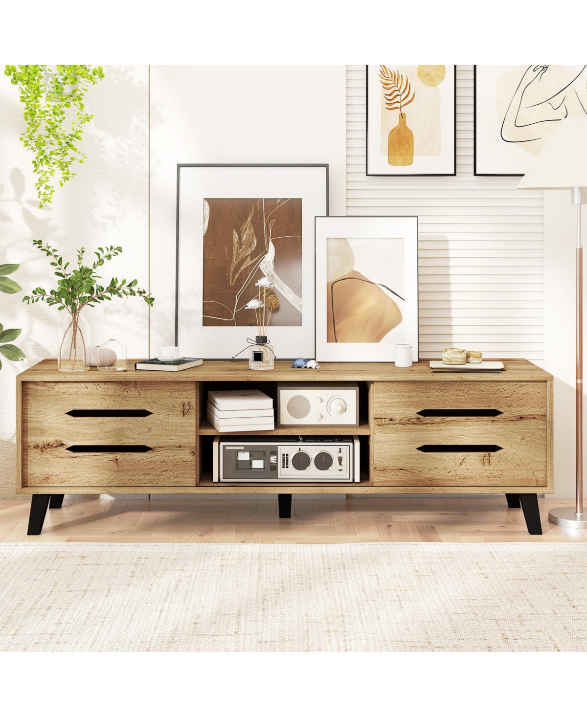 Slickblue Mid Century Modern Tv Stand with Sliding Doors for 65 Inch TVs
