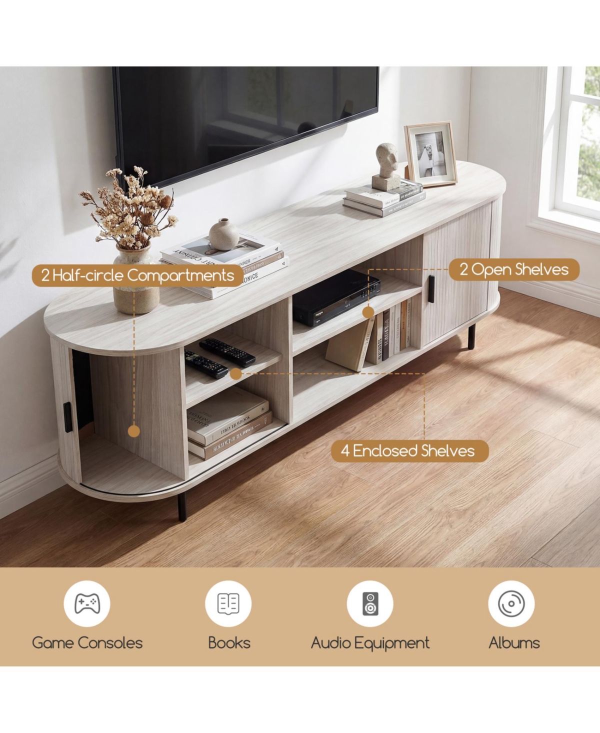 Slickblue Modern Tv Stand with Fluted Sliding Doors Mid-Century Style