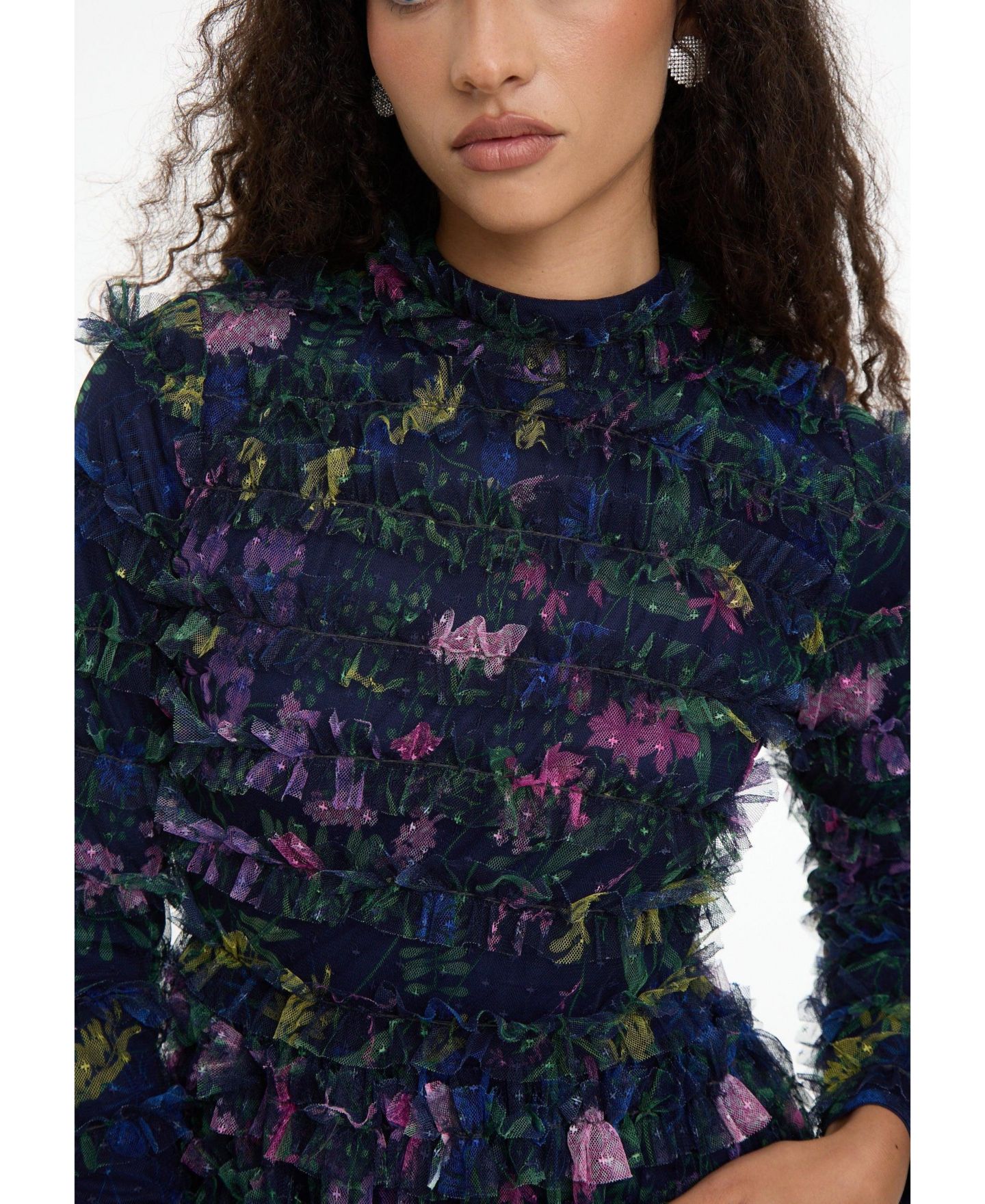 Женское платье Maryisa Modest Floral Ruffle High Neck Maxi, цвет: Ночной синий — фото 3
