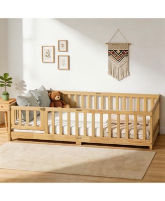 Full Floor Bed with Fence and Door, Solid Rubber Wood Kids Platform Bed Frame