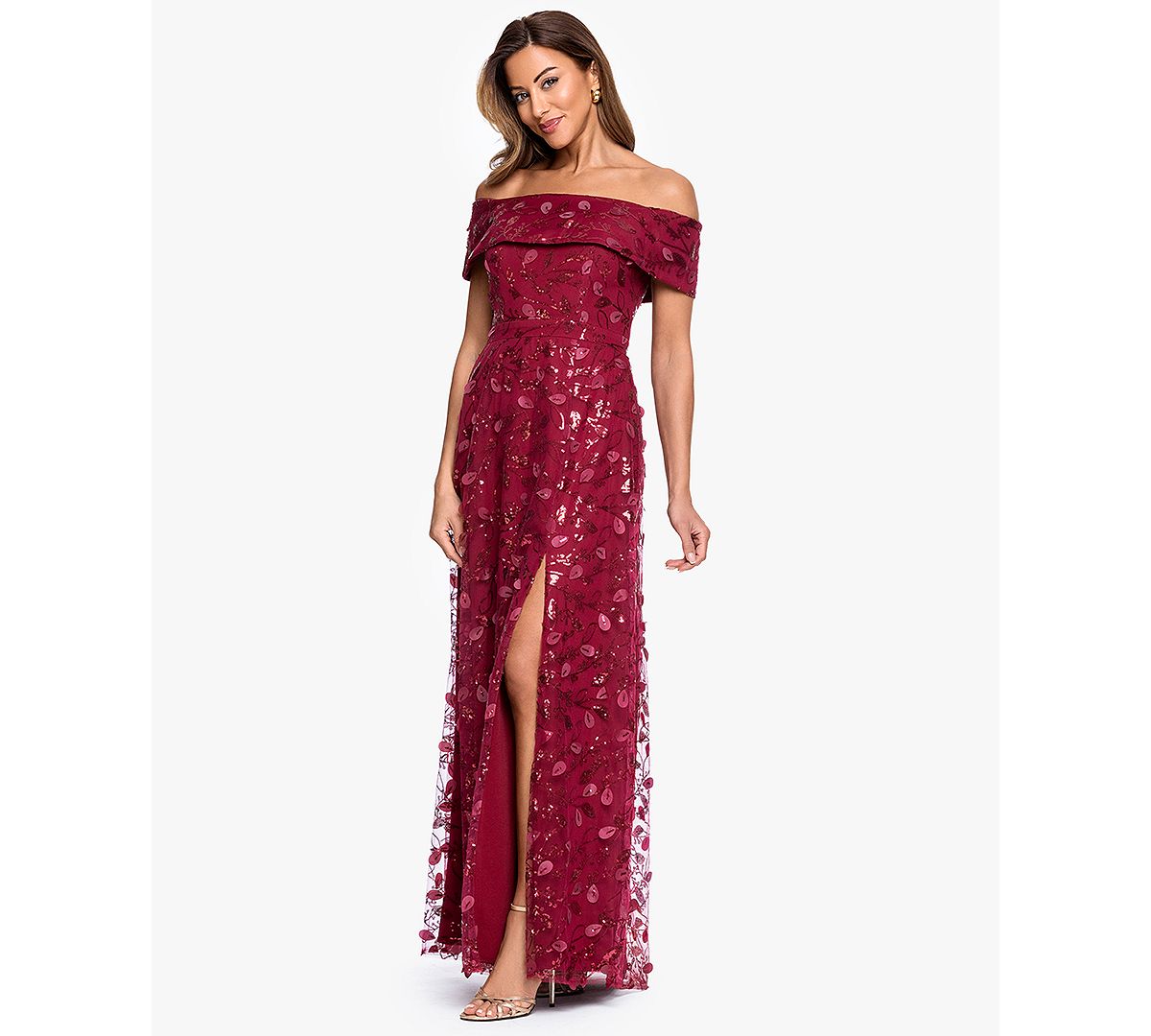 XSCAPE Women's Off-The-Shoulder 3D Embroidered Mesh Ball Gown view 2 — MAYCSS fashion products