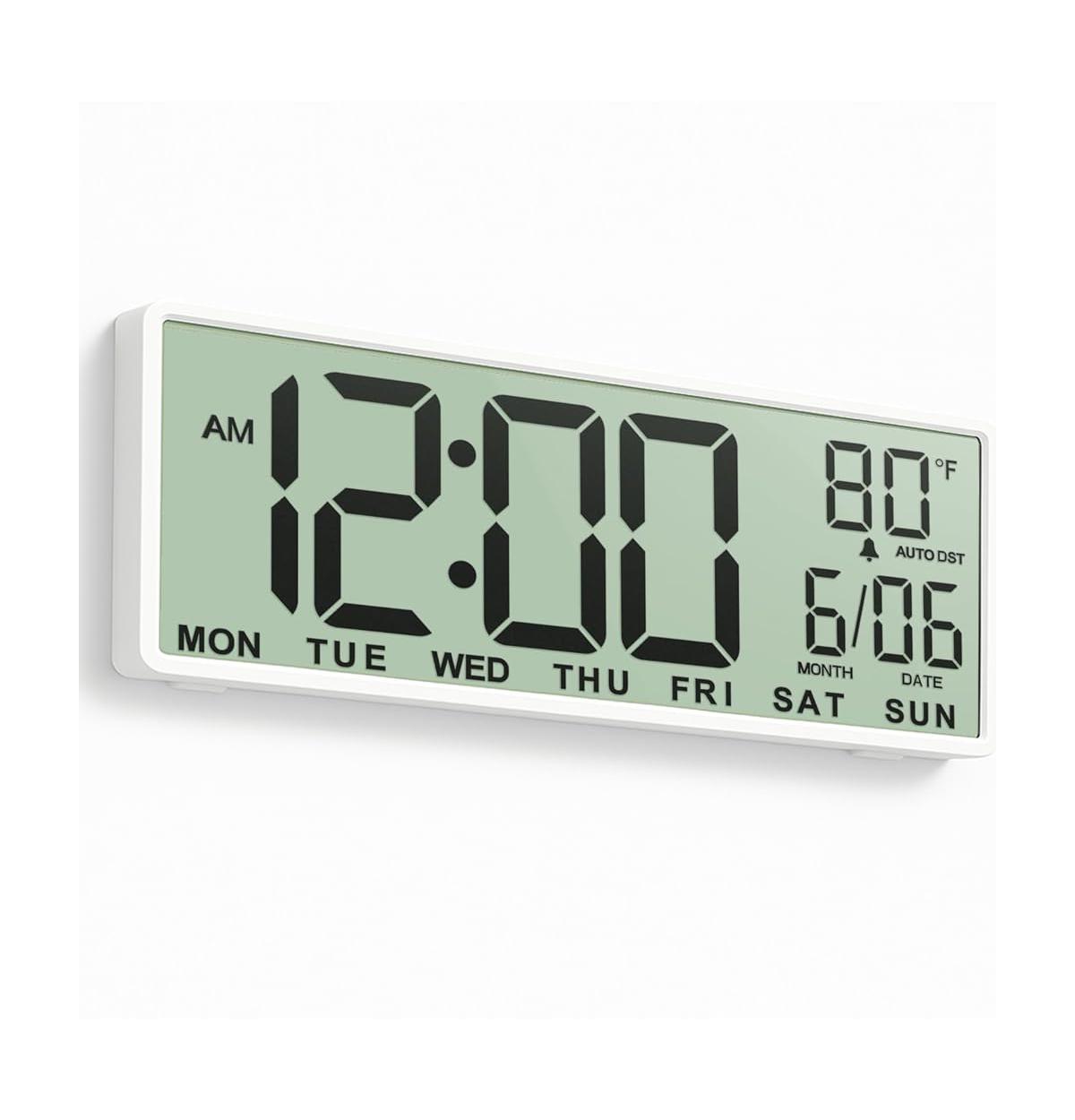 Jall 14.5 Inch Large Lcd Digital Wall Clock Wireless Long Battery Life Auto Dst 4 in 1 Display (Time Date Day Temperature) Perfect for Seniors - White