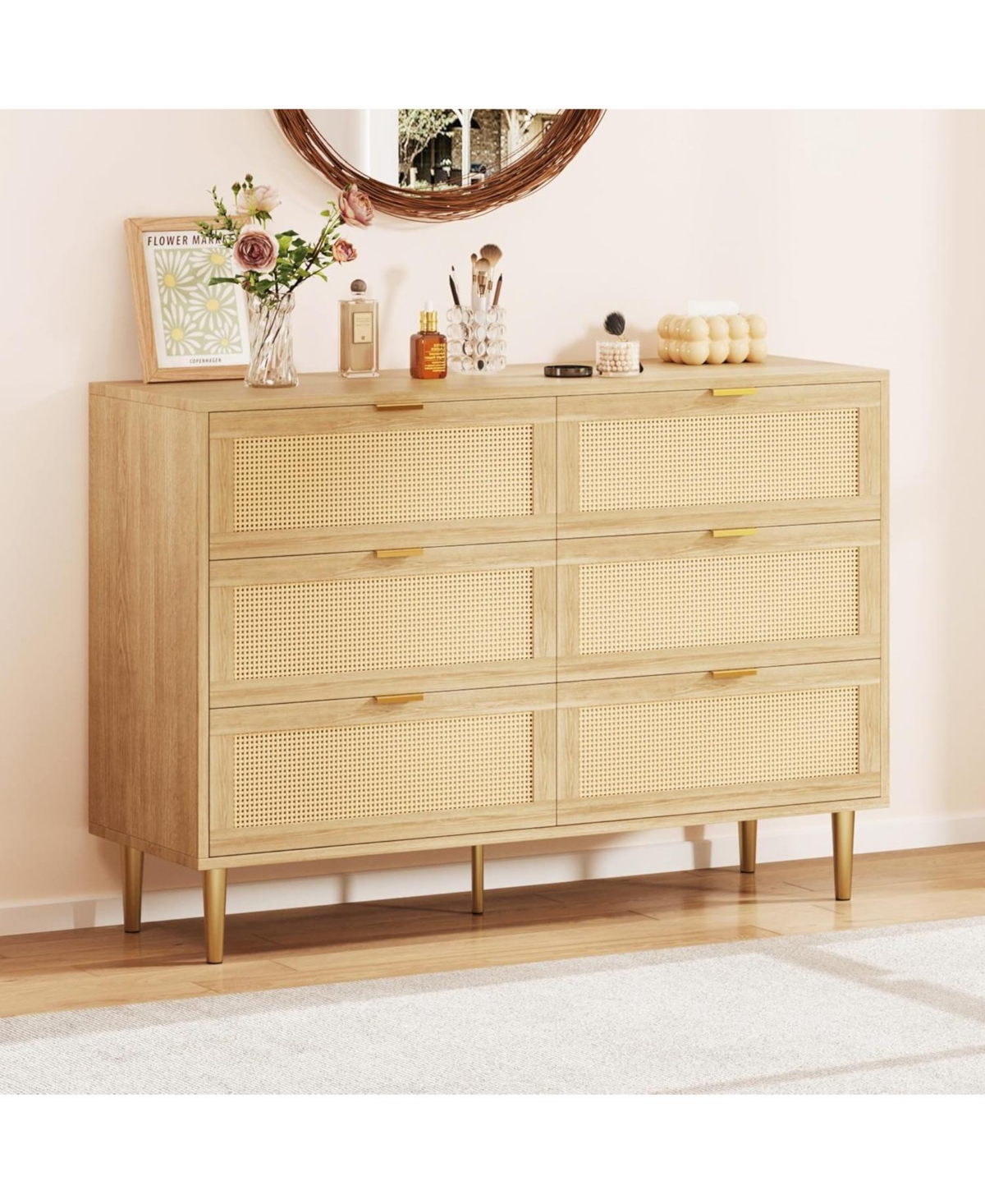 gaomon Rattan 6 Drawer Wide Double Dresser, Gold Handles & Legs Bedroom Storage Organizer