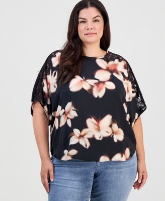 Plus Size Inset Lace Dolman Floral Blouse