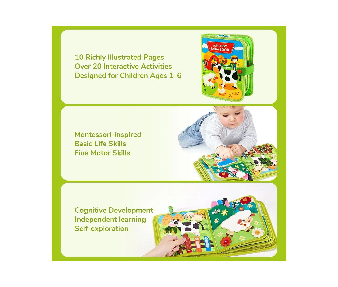 Детская игрушка Cowin Montessori Farm Busy Book, 10-Page Interactive Book, Ages 1+ — фото 3