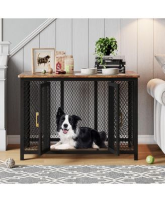 Flip Top Dog Crate Furniture, 47 Inch Heavy Duty Metal Dog Cage End Table with 2 Doors and Latches for Large Medium Small Dogs