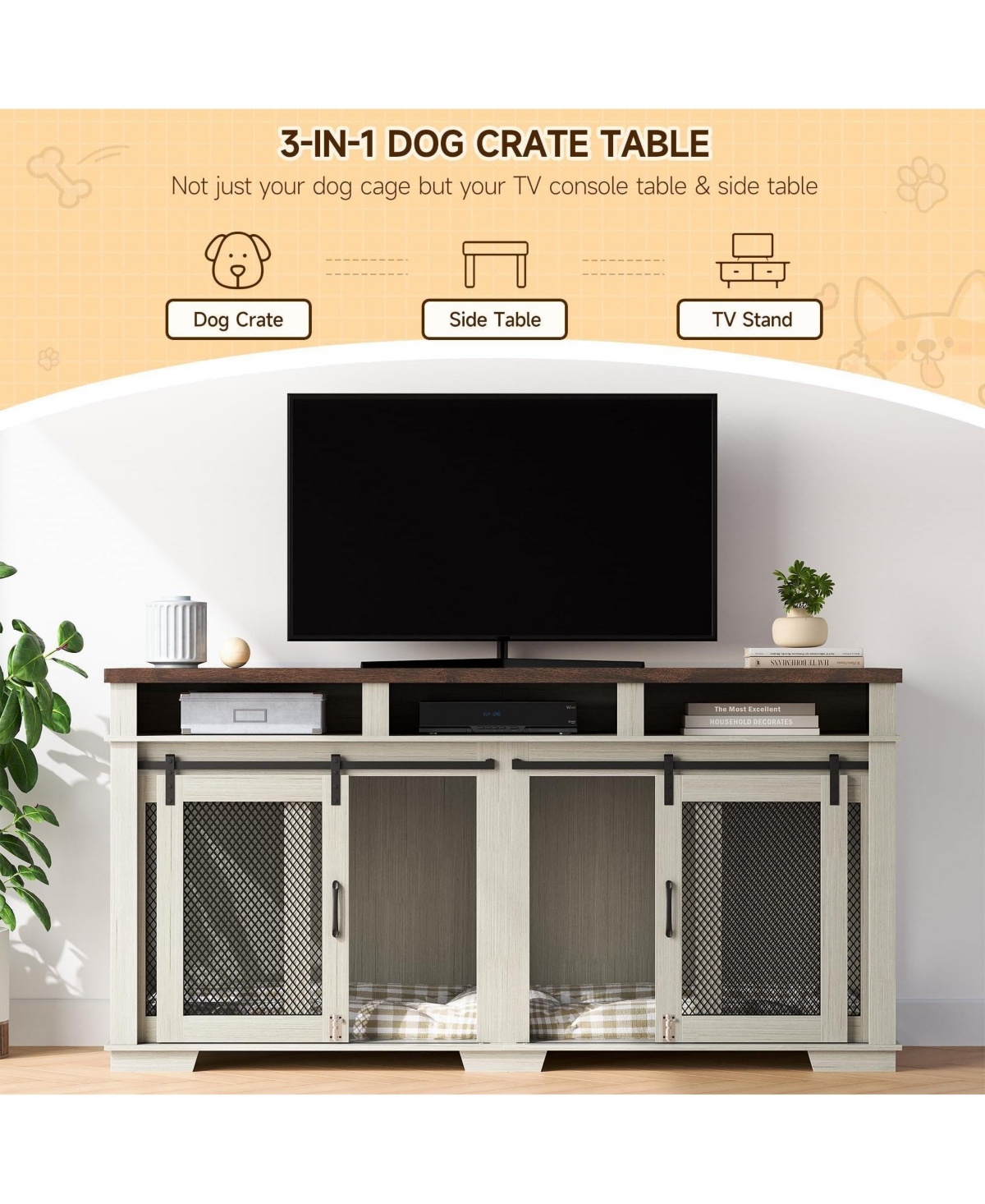 homfan Double Dog Crate Coffee Table Wooden Pet Kennel with 3 Storage Drawers and Sliding Barn Door for Large Dogs