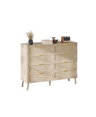 8 Drawer Rattan Dresser with 5 Legs, Farmhouse Wood Chest for Bedroom
