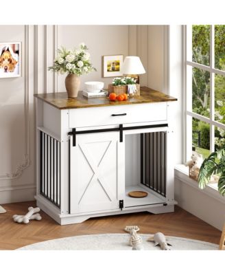 Modern Farmhouse Wooden Dog Crate - Double Doors, Storage Drawer and Cabinet, End Table, Carbon Steel Frame.