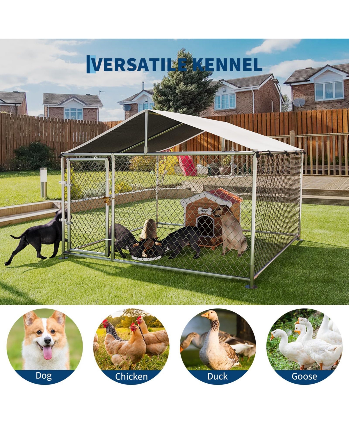 homfan Large Outdoor Kennel with Roof, Heavy Duty Steel Fence for Yard, Farm and Camping