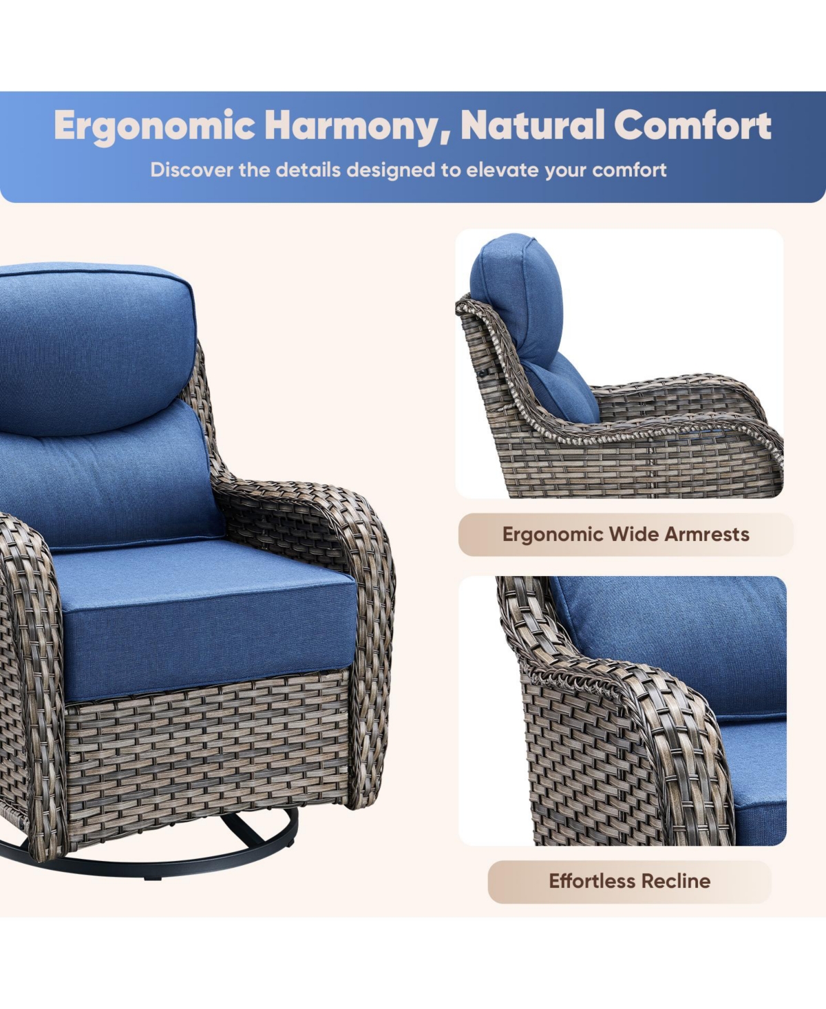 Pocassy 4 Piece Outdoor Patio Furniture Sets with Fire Pit Table,Wicker Sectional Sofa Swivel Chairs,6 Inch Thick Cushion