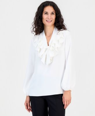 Petite Solid Georgette Ruffle-Neck Blouse