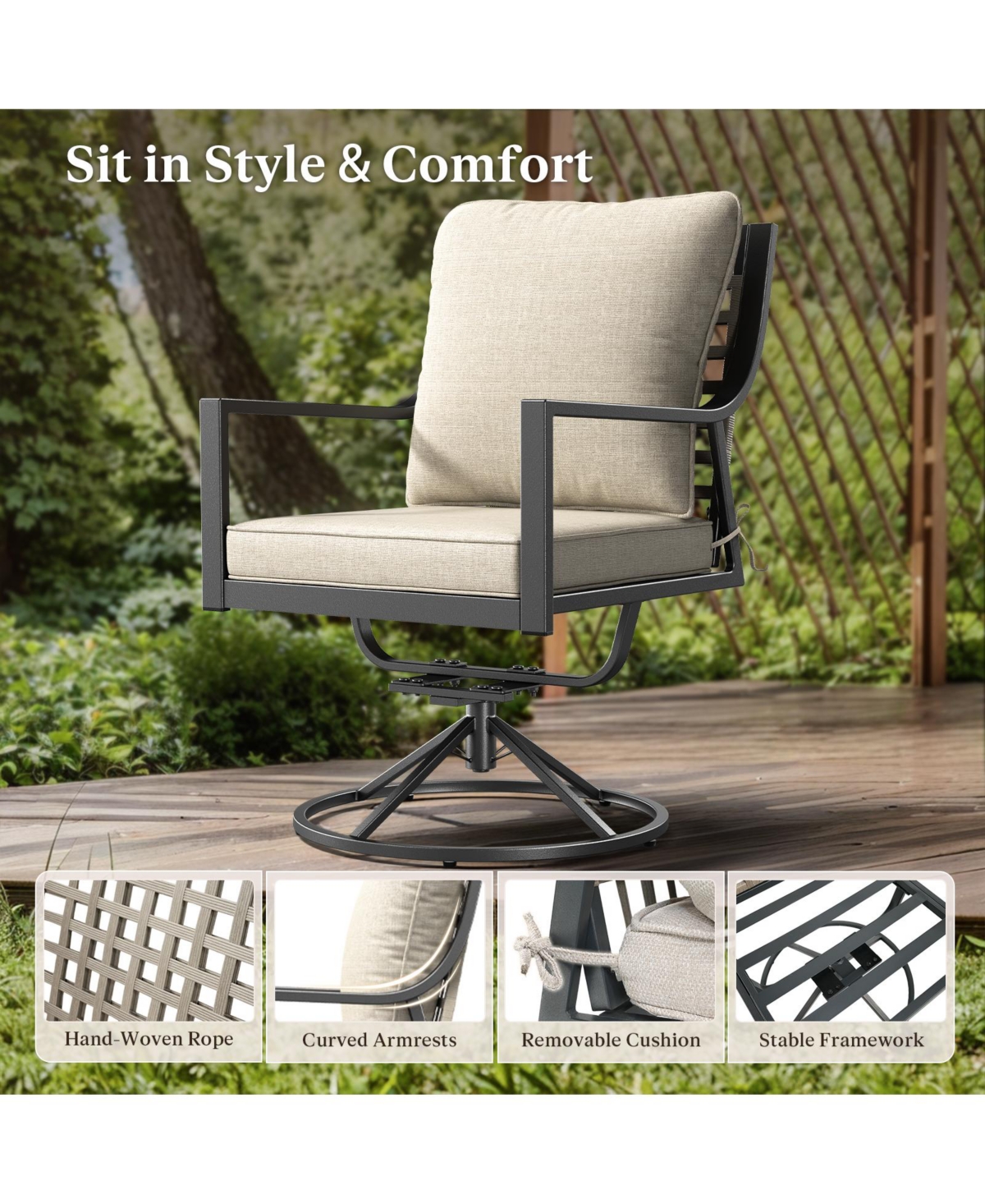 Pocassy Patio Swivel Chairs Set of 2, Outdoor Dining Chairs High Back with Olefin Cushion, Metal Rocking Frame for Backyard Lawn Garden
