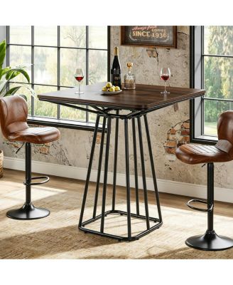 Industrial Square Bar Height Pub Table, Rustic Wood Top Bistro Dining Table with Metal Frame