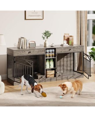 Double Dog Crate Furniture for 2 Small/Medium Dogs with Drawers, Shelves, Feeding Bowls, Indoor Kennel & TV Stand