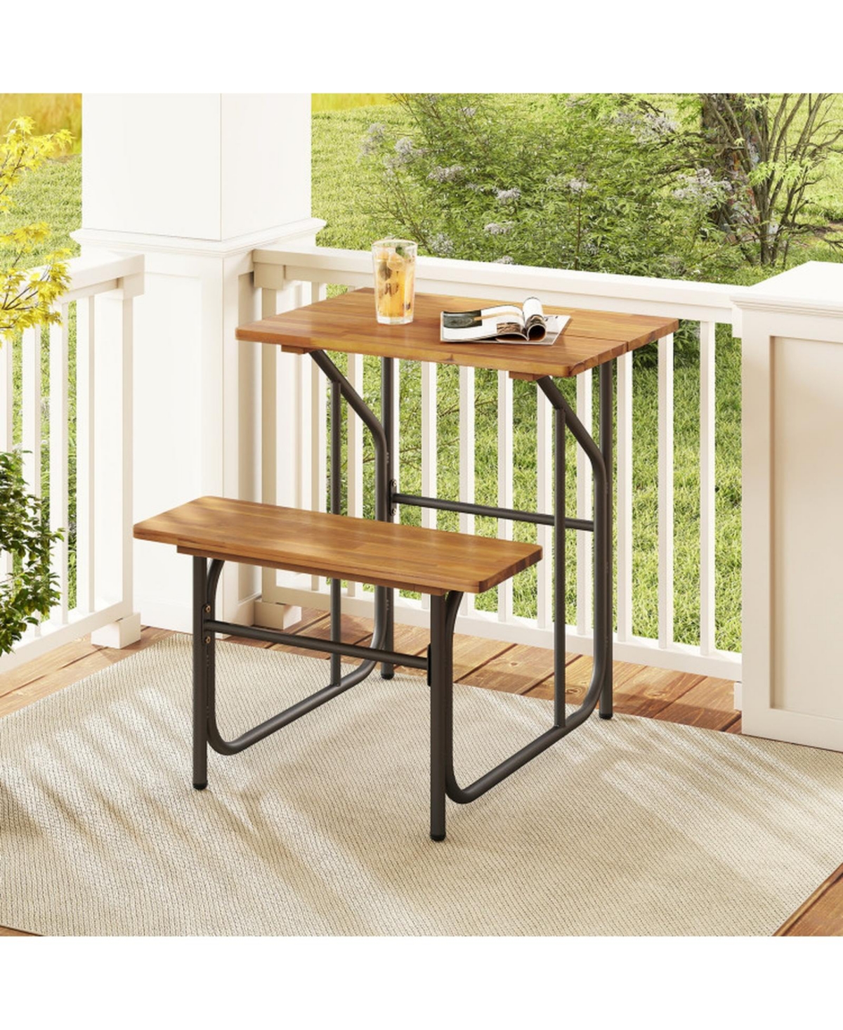 Gouun Acacia Wood Patio One-Side Picnic Table and Bench Set, Compact Outdoor Dining Combo