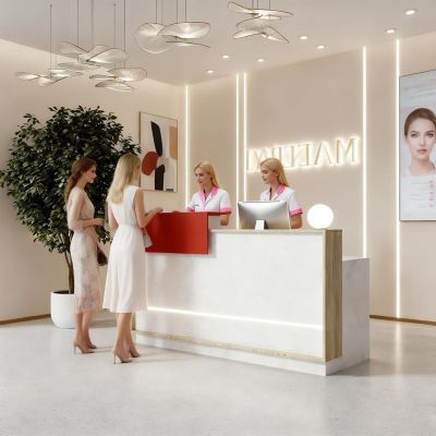 Reception Desk with Counter Drawer Keyboard Tray Cabinet and LED  Stone Look and Wood