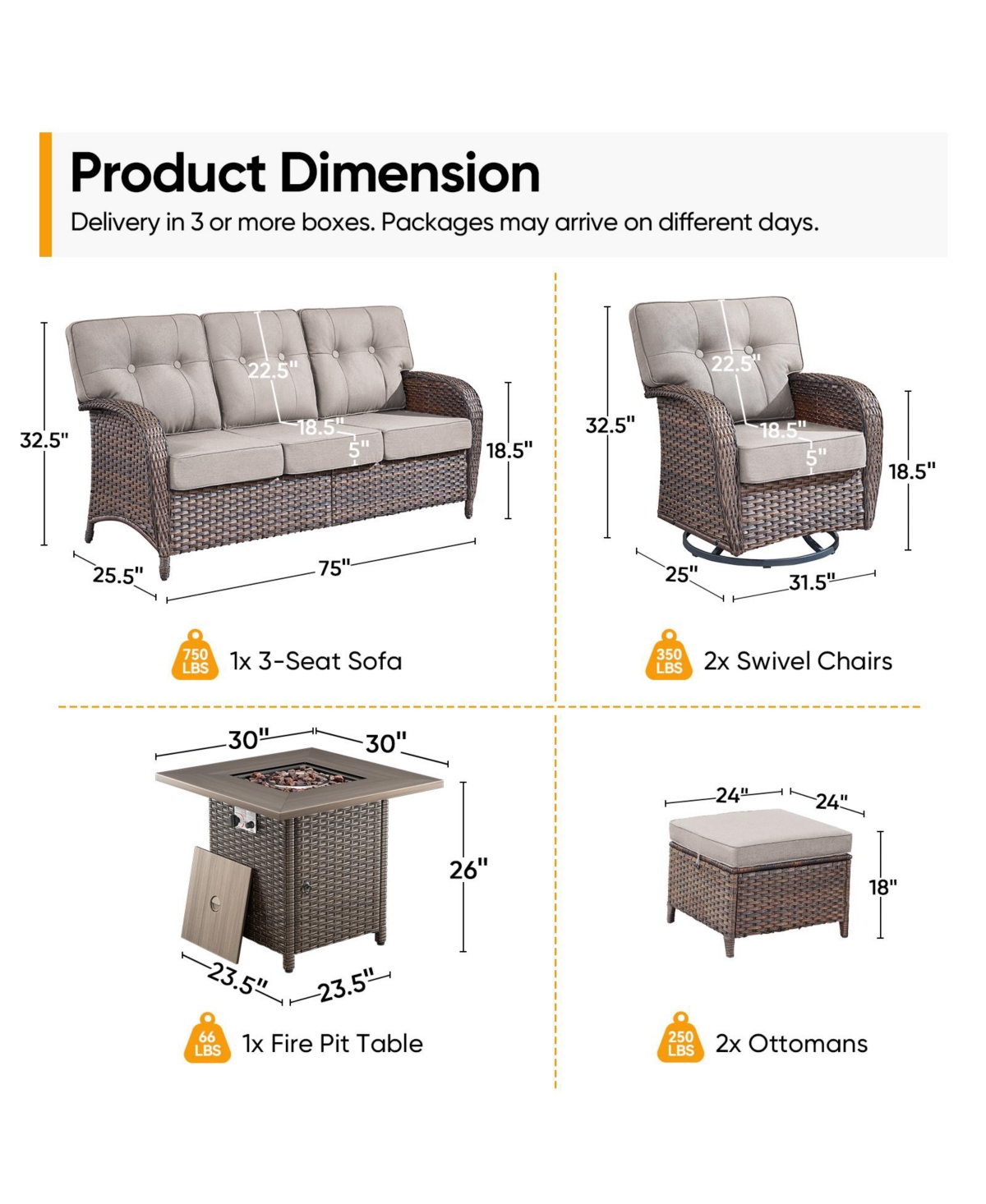 Pocassy 6 Pieces Patio Furniture Set with 30" Fire Pit High Back Outdoor 5-inch Cushions Wicker Swivel Rocker Chairs