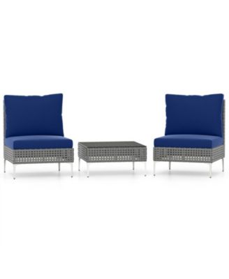 3-Piece Low-Profile PE Rattan Conversation Set with Glass Coffee Table and Cushions