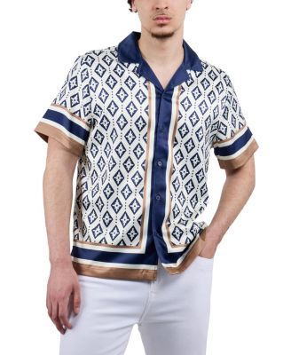 Men's Regular Fit Camp Collar Short Sleeve Printed Woven Satin Shirt
