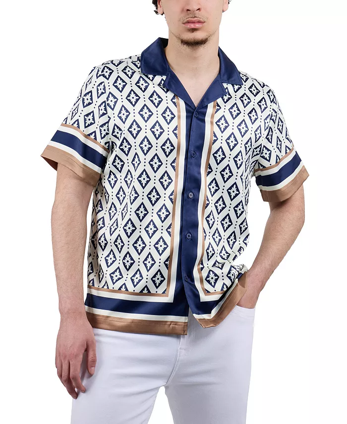 Men's Regular Fit Camp Collar Short Sleeve Printed Woven Satin Shirt