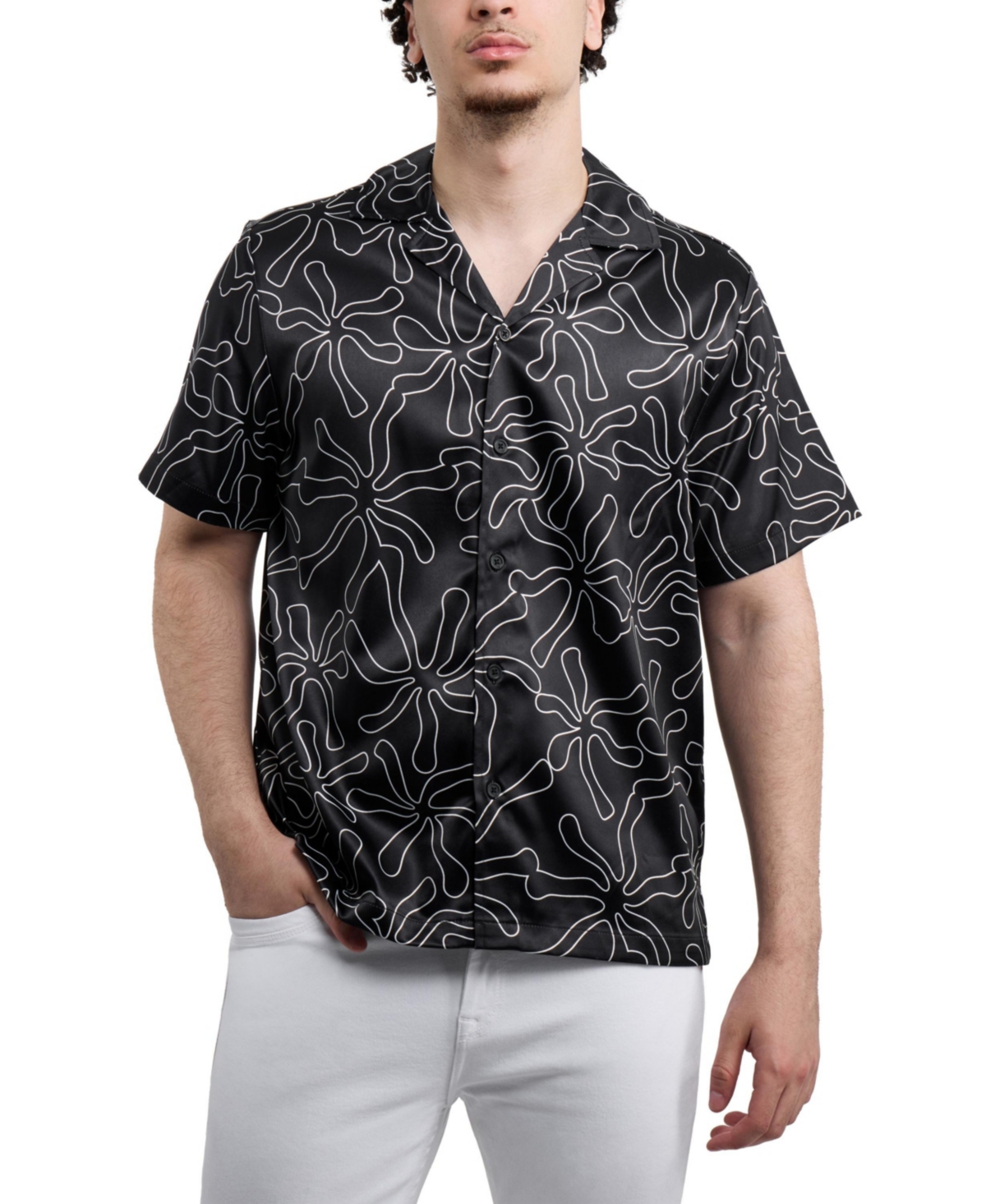 Xray Men's Regular Fit Camp Collar Short Sleeve Printed Woven Satin Shirt - Flower clouds print black