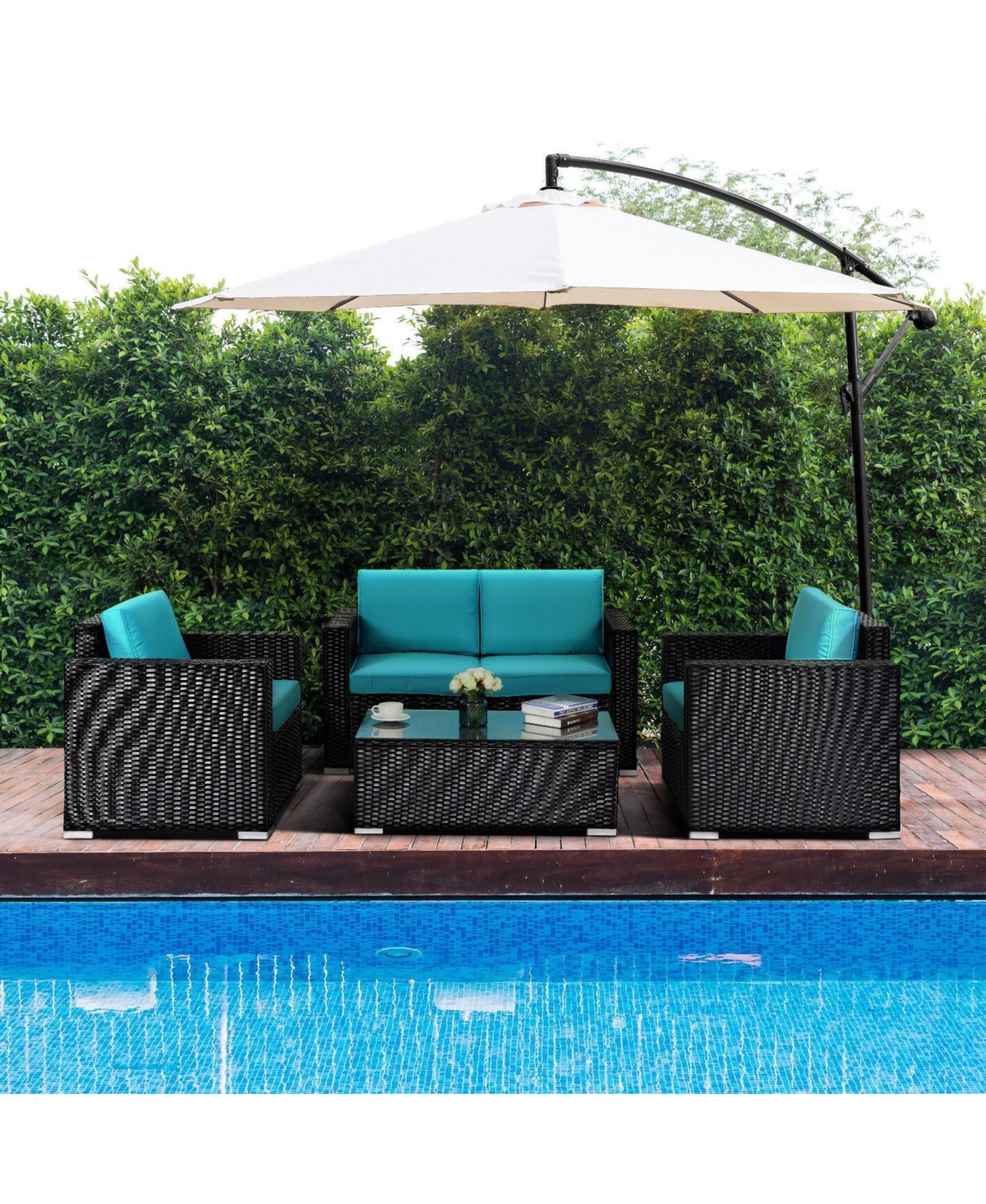 Slickblue 4PC Rattan Patio Furniture Set Outdoor Wicker With Blue Cushion