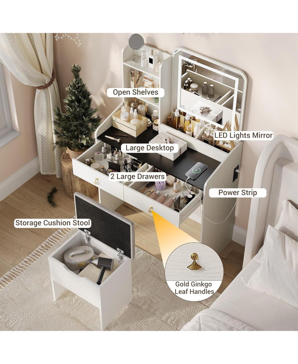 gaomon 2-Drawer Led Vanity Table